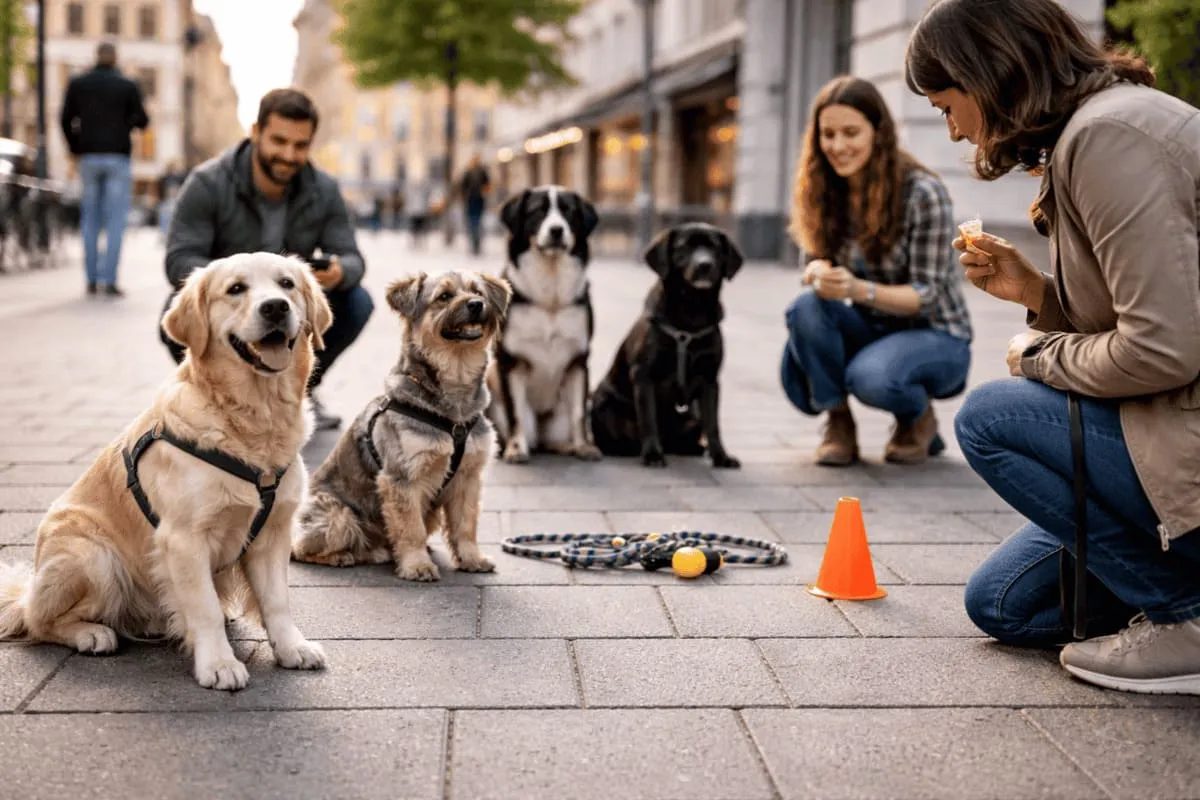 Hund läuft entspannt an lockerer Leine neben seiner Halterin