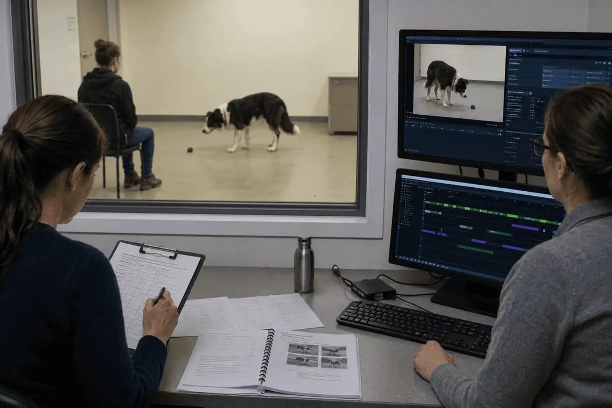 Ethologen beobachten und analysieren Hundeverhalten in einer kontrollierten Testsituation mithilfe standardisierter Verhaltensmessung und Videoauswertung.