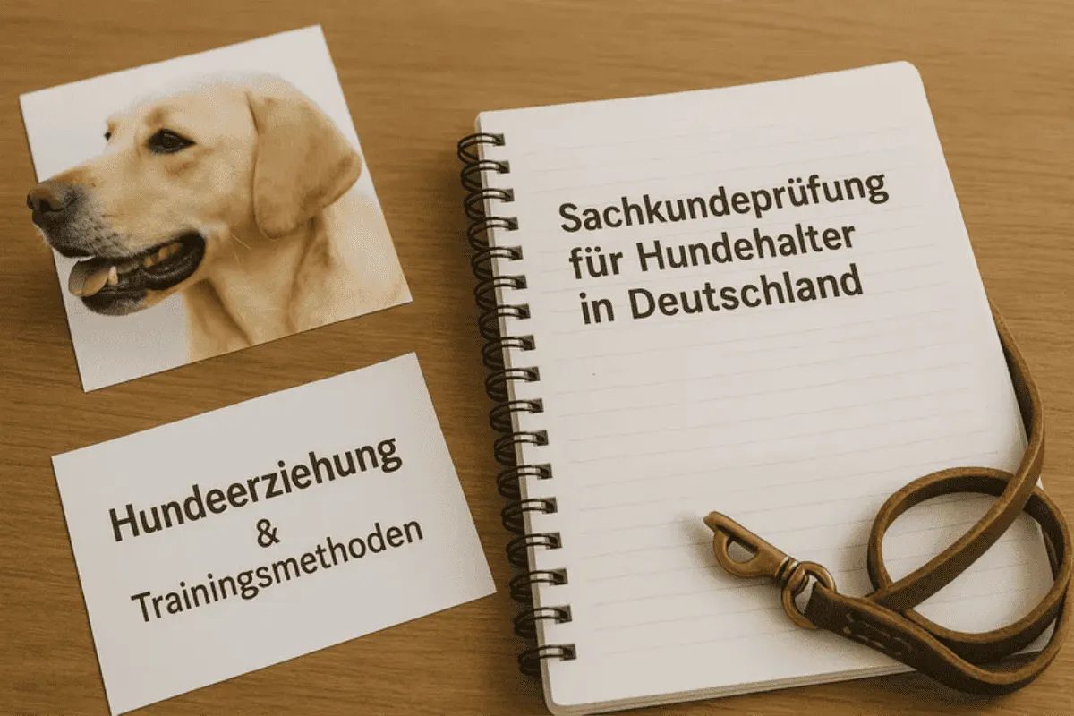 Sachkundeprüfung für Hundehalter in Deutschland – Unterlagen zu Hundeerziehung, Training und Hundeverhalten neben Foto eines Hundes