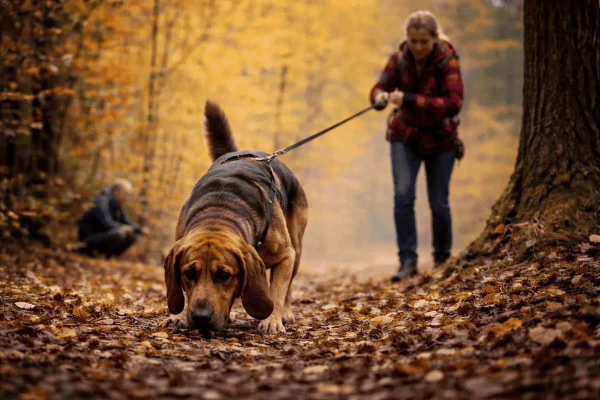 Mantrailing Hund bei der Personensuche im Wald während eines Trainings.