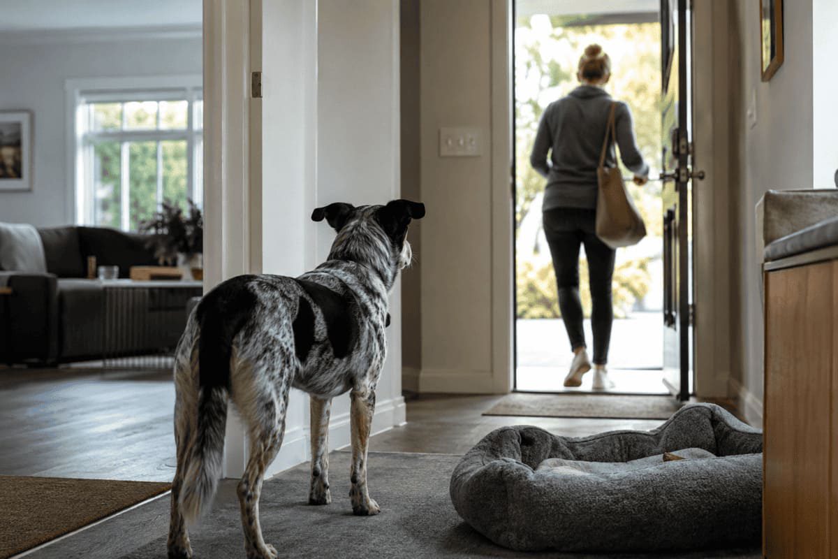 Hund zeigt erhöhte Aufmerksamkeit und Frustration an der Leine, weil ein gewünschtes Ziel während einer Verhaltenstrainingssituation nicht erreichbar ist.