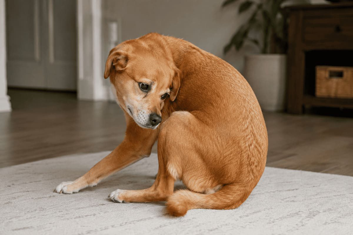 Hund sitzt auf einem Teppich und dreht den Kopf zur Hinterhand, um den Bereich unter der Rute zu belecken. Das Verhalten kann auf Juckreiz, Unwohlsein oder Probleme im Bereich der Analdrüsen beim Hund hinweisen. Das Bild symbolisiert die Beobachtung typischer Anzeichen wie Schlittenfahren oder Lecken am After und die Bedeutung einer Ursachenabklärung.