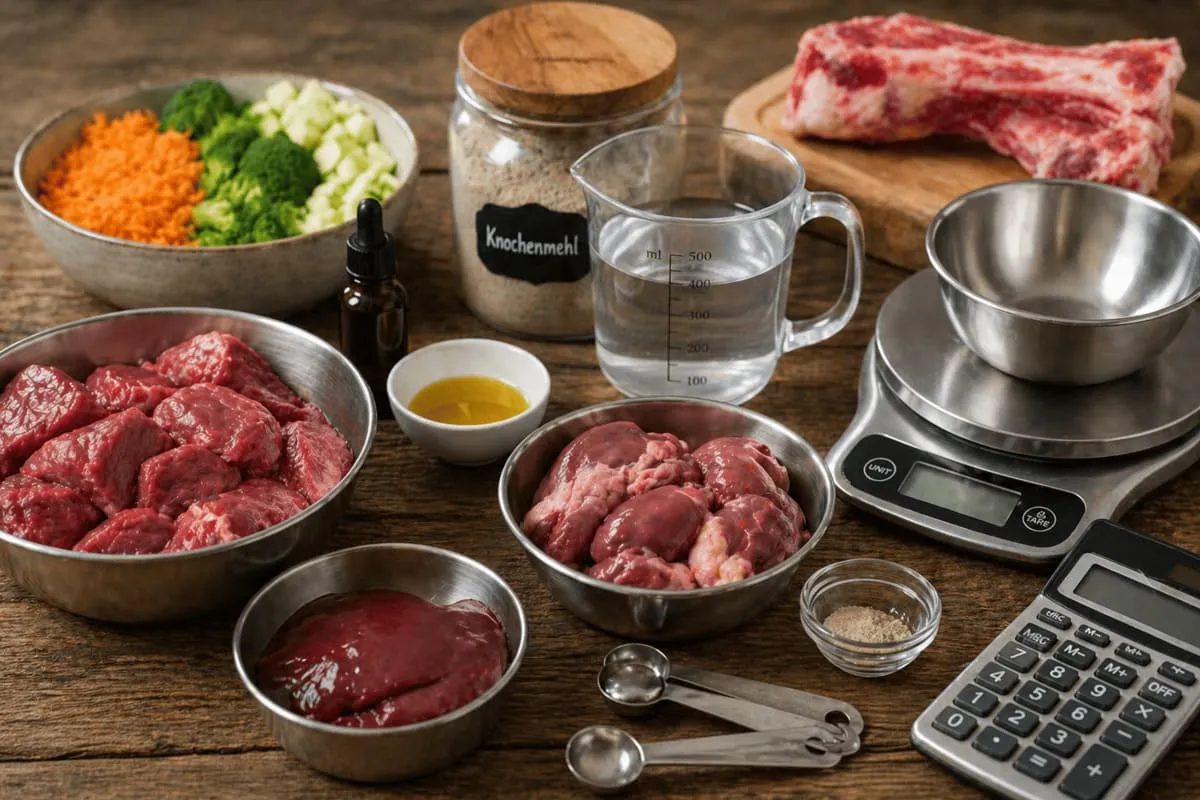 BARF Zutaten mit rohem Fleisch, Innereien, Gemüse, Öl sowie Küchenwaage, Messbecher und Taschenrechner zur Futterberechnung