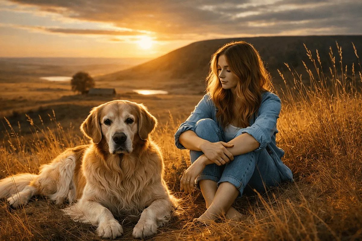 Frau sitzt bei Sonnenuntergang auf einer Wiese neben ihrem Golden Retriever – ruhige, vertrauensvolle Verbindung zwischen Mensch und Hund