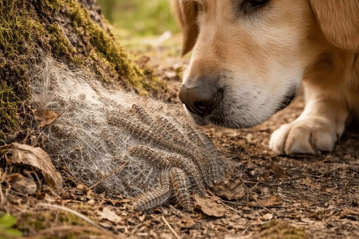 Hund schnüffelt an Prozessionsspinner-Raupen und Nest am Waldboden – gefährliche Brennhaare stellen Risiko für Hunde dar