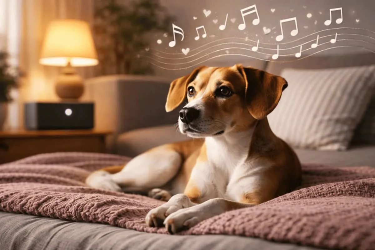 Hund liegt entspannt auf einer Decke und hört ruhige Musik, während stilisierte Noten eine beruhigende Atmosphäre darstellen