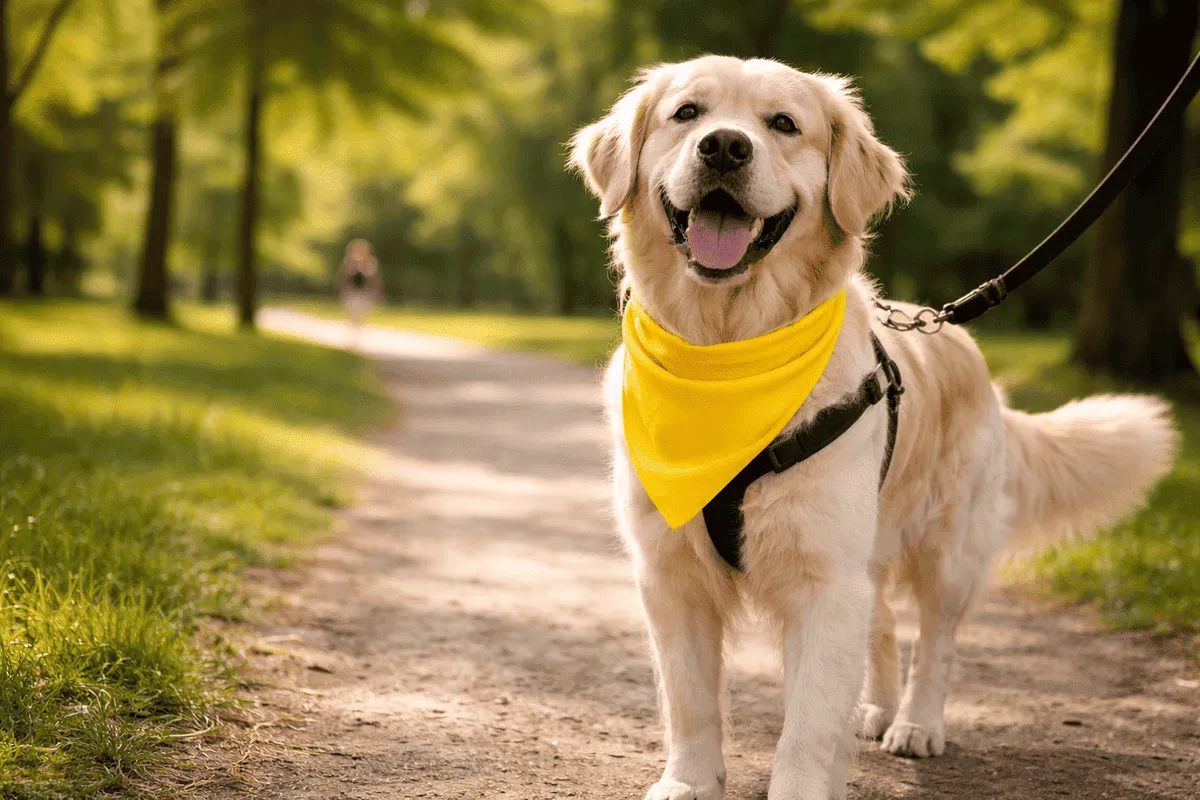Hund mit gelbem Halstuch an der Leine im Park – Symbol der Initiative Gelber Hund für mehr Abstand und Rücksicht