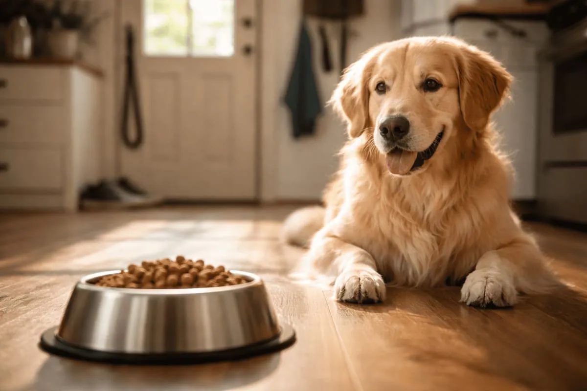 Golden Retriever liegt entspannt auf dem Küchenboden und schaut aufmerksam auf einen Napf mit Trockenfutter im warmen Tageslicht