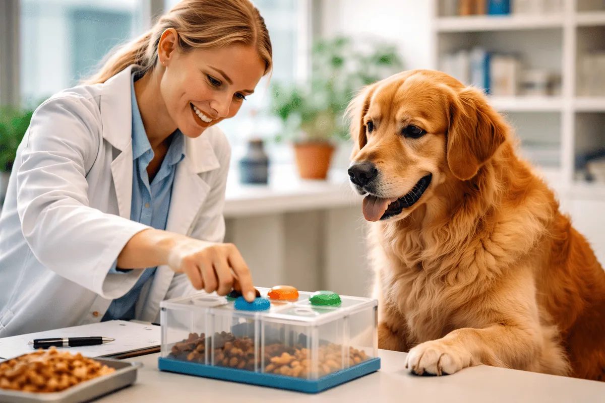 Wissenschaftlerin führt mit einem Golden Retriever einen kognitiven Test mit Futterpuzzle im Labor durch – Beispiel für Forschung zu Hundeverhalten und Lernen.