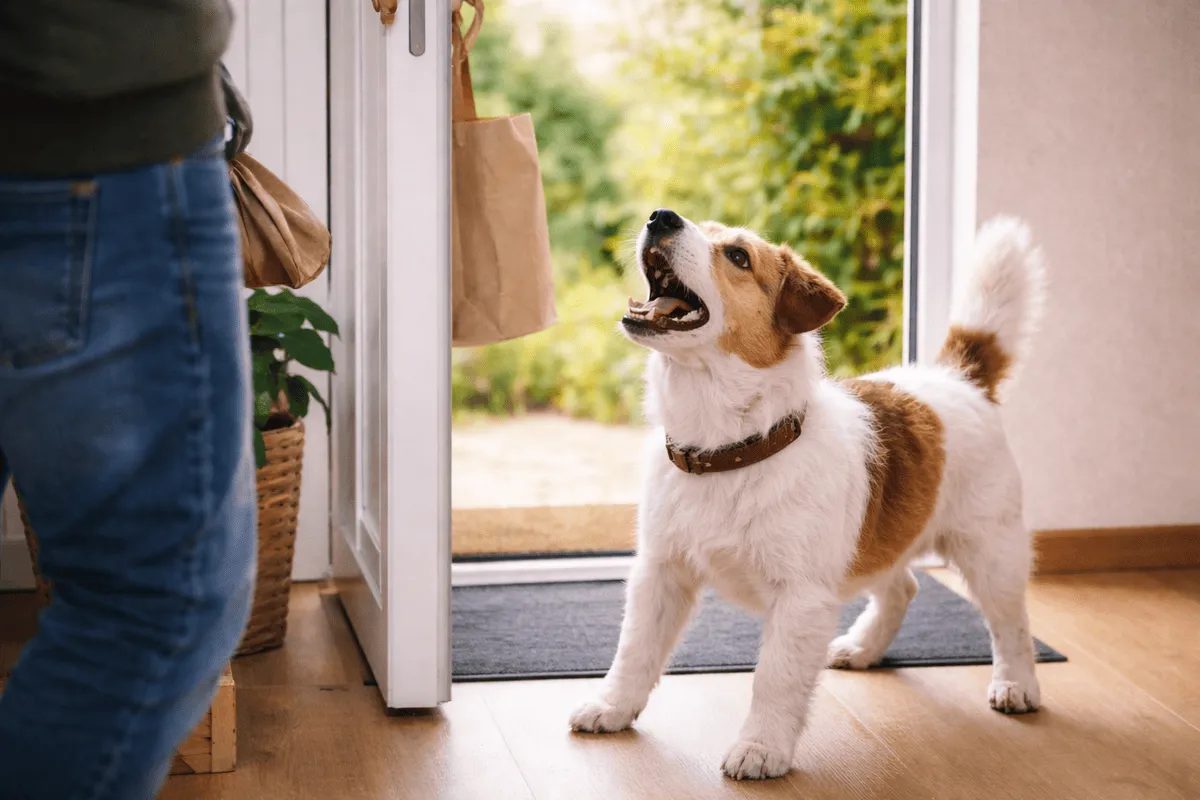 Jack Russell Terrier bellt aufgeregt an der Haustür, während ein Besucher eintritt – typisches Verhalten eines Hundes bei Besuch.