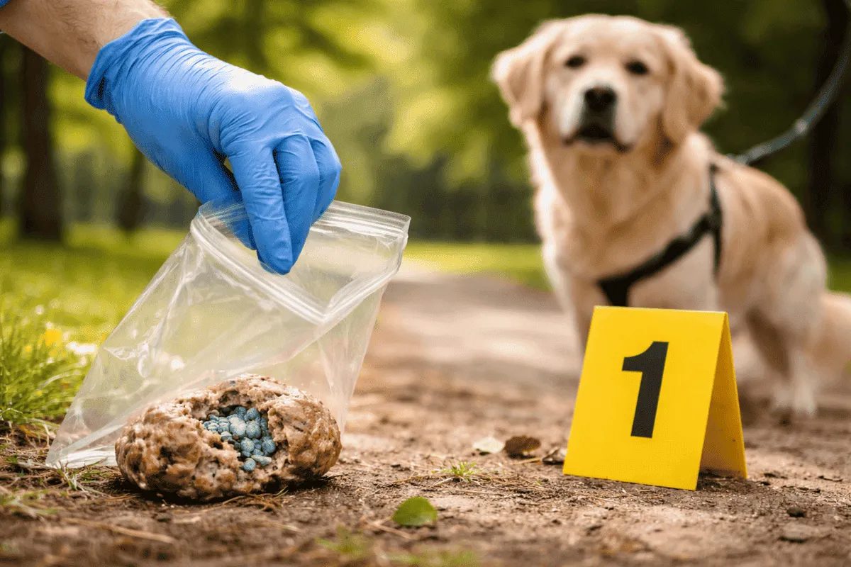 Verdächtiger Giftköder mit blauen Giftpellets wird mit Handschuhen in eine Plastiktüte gesichert, während ein Hund im Hintergrund auf einem Waldweg wartet.
