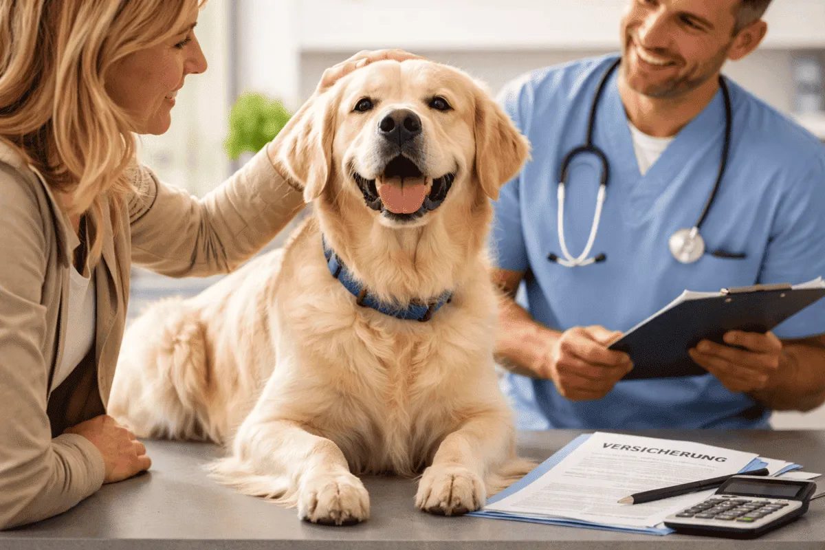 Hund beim Tierarzt auf Untersuchungstisch mit Tierarzt und Halterin – Thema Hundekrankenversicherung und Tierarztkosten