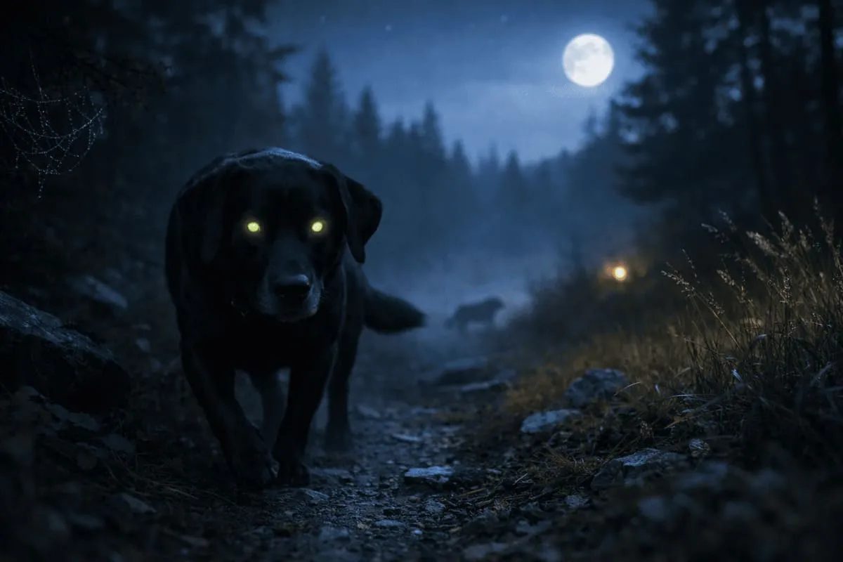 Labrador Retriever bewegt sich sicher durch einen dunklen Wald bei Nacht, seine Augen reflektieren das Licht (Tapetum lucidum) und zeigen die ausgeprägte Nachtsicht von Hunden