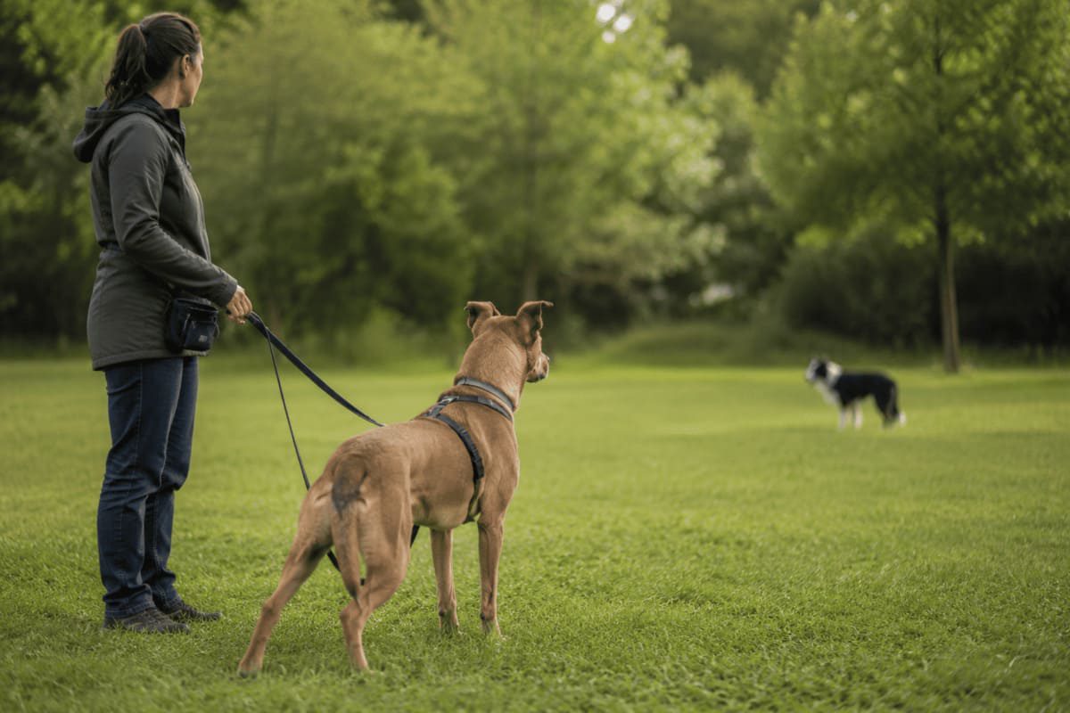 Reaktiver Hund an der Leine beobachtet einen anderen Hund aus Abstand während einer Verhaltenstrainingssituation.
