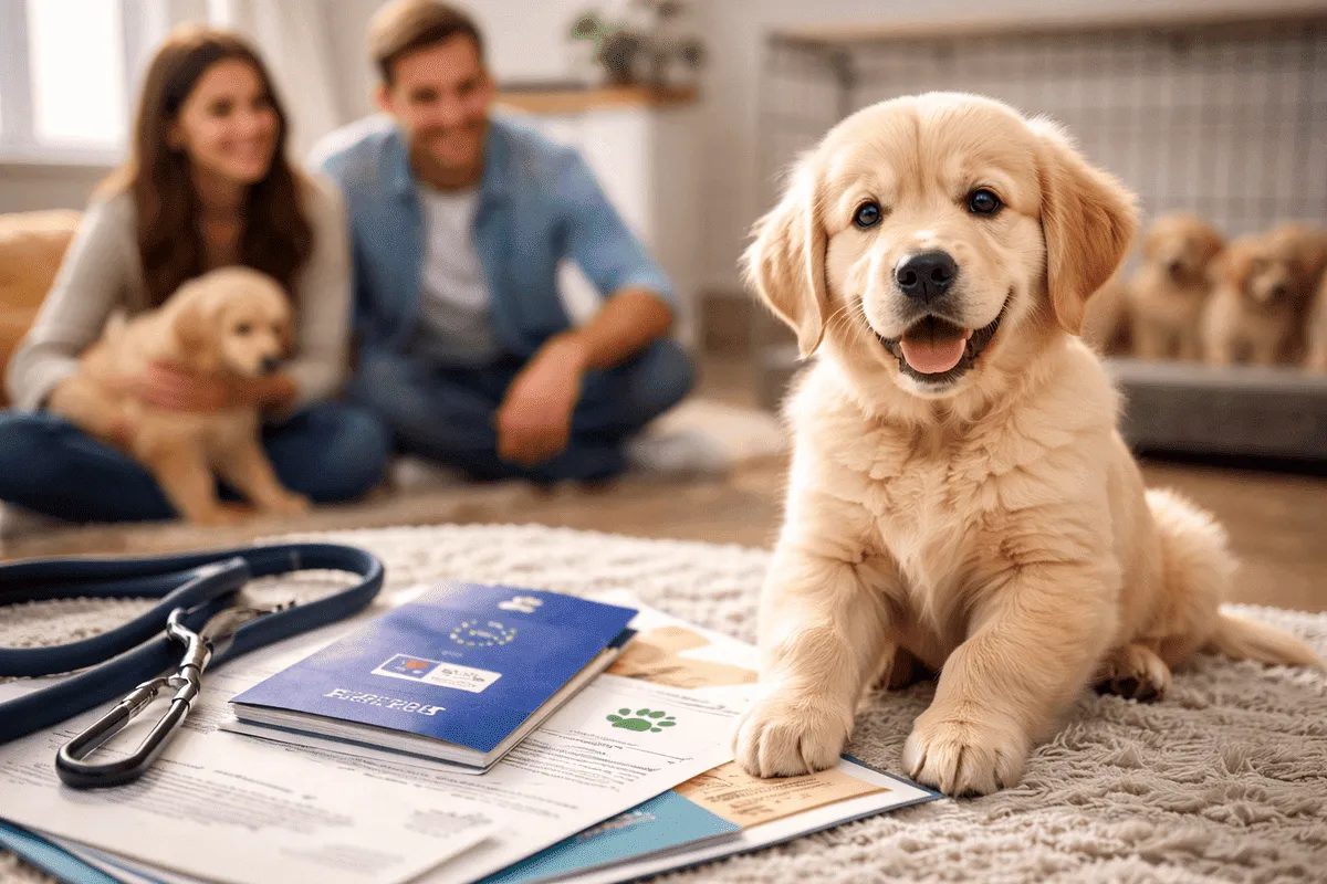 Golden-Retriever-Welpe liegt aufmerksam im Garten einer Zuchtstätte – Symbol für die Wahl eines seriösen Hundezüchters