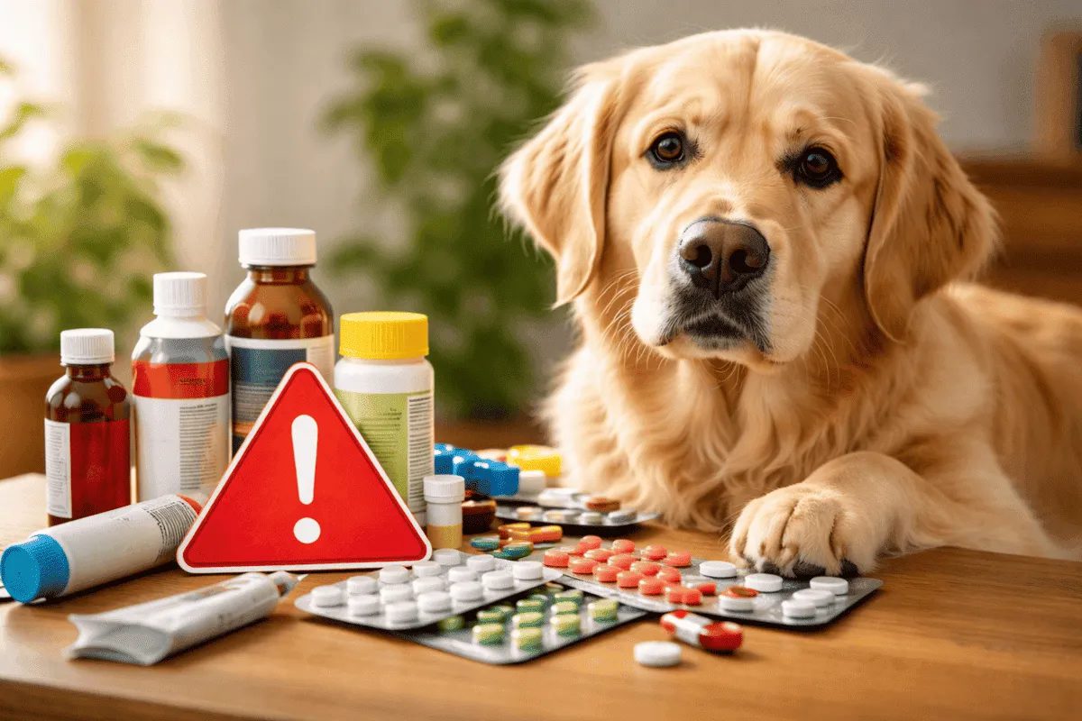 Golden Retriever sitzt vor verschiedenen Medikamenten und Tabletten auf einem Tisch – Symbolbild für die Gefahr von Medikamenten aus der Hausapotheke für Hunde.