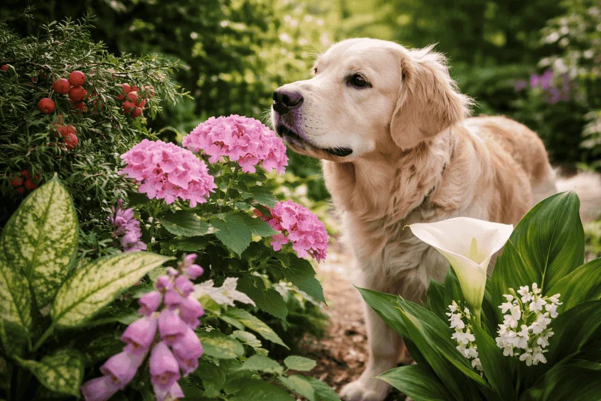 Golden Retriever schnüffelt im Garten an verschiedenen Pflanzen wie Hortensie und Maiglöckchen – mögliche giftige Pflanzen für Hunde