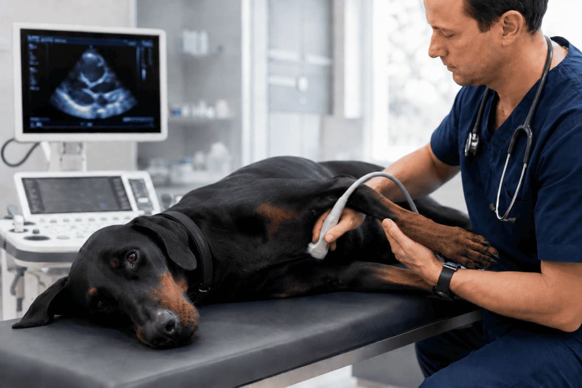 Tierarzt führt bei einem Dobermann einen Herzultraschall (Echokardiografie) in einer modernen Tierklinik durch. Der Hund liegt entspannt auf der Untersuchungsmatte, während der Tierarzt den Ultraschallkopf im Bereich des Brustkorbs hinter dem Vorderbein ansetzt. Im Hintergrund ist ein Ultraschallgerät mit Herzbildschirm zu sehen. Die Untersuchung dient der Diagnose von Herzerkrankungen wie dilatativer Kardiomyopathie (DCM) beim Hund.