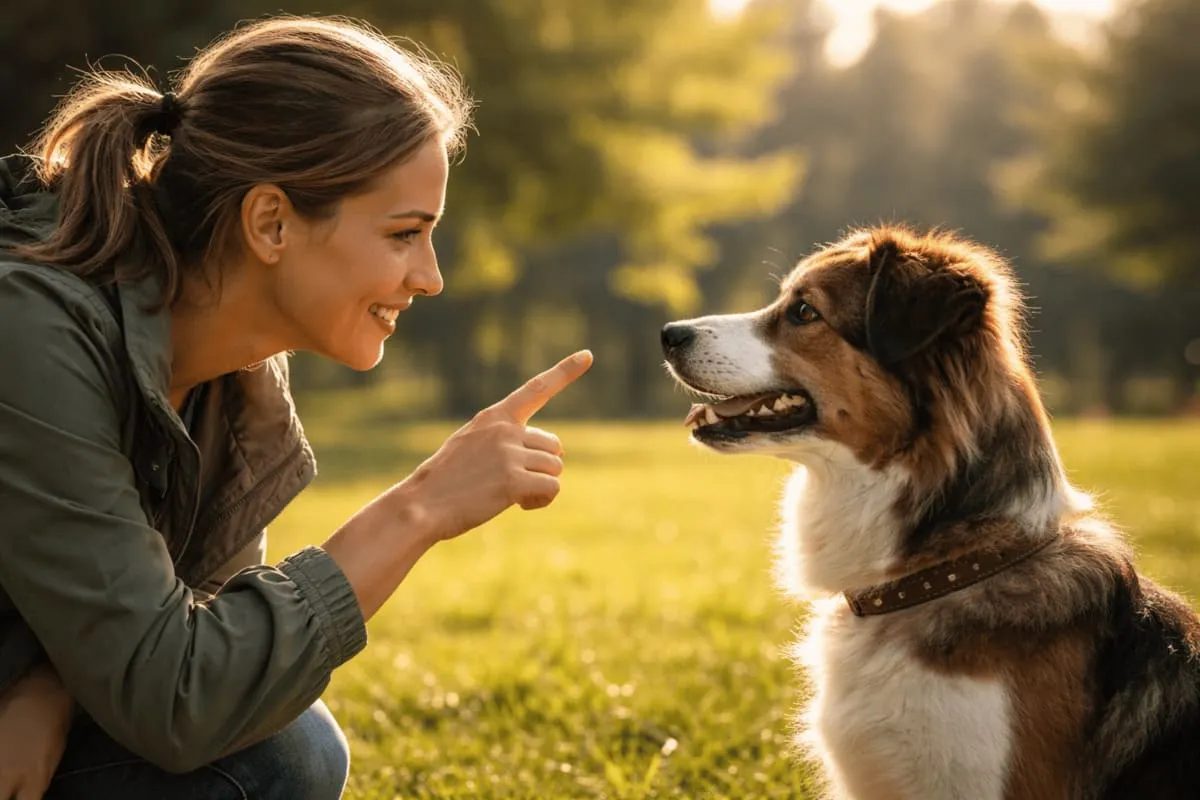Frau kommuniziert im Park mit ihrem Hund über Körpersprache und Blickkontakt, während der Hund aufmerksam auf ihr Signal reagiert