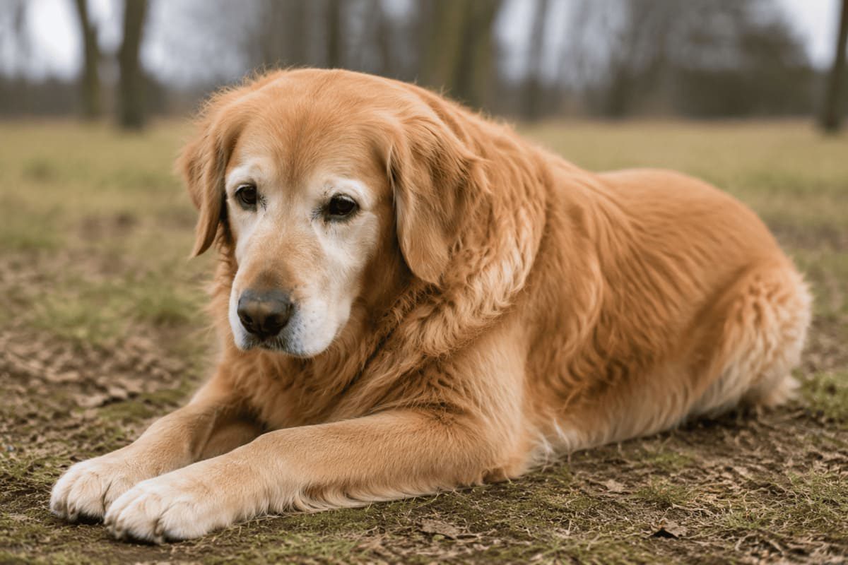 Älterer Golden Retriever liegt ruhig auf einem Teppich im Wohnzimmer und wirkt müde und wenig aktiv. Das Bild symbolisiert typische unspezifische Anzeichen einer möglichen Schilddrüsenunterfunktion beim Hund wie Antriebslosigkeit, verminderte Aktivität und altersähnliche Veränderungen. Es steht für die Bedeutung einer sorgfältigen Diagnostik statt einer Beurteilung anhand eines einzelnen Laborwerts.
