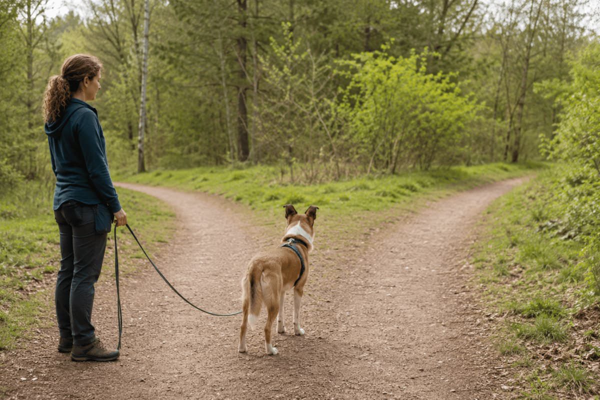 Hund erhält in einer Alltagssituation Wahlmöglichkeiten und kann selbst entscheiden, welchen Weg er einschlägt, während sein Mensch ihn begleitet.