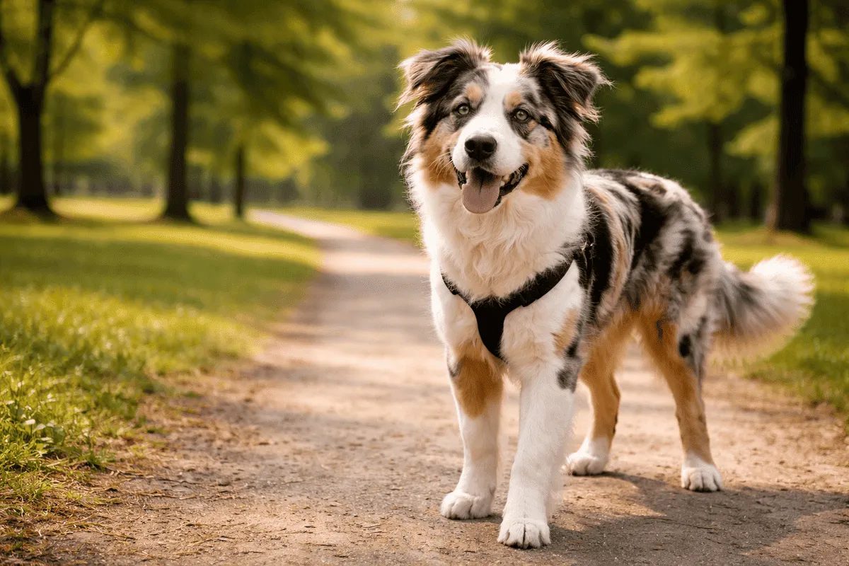 Junger Australian Shepherd während der Pubertät steht aufmerksam auf einem Waldweg – Beispiel für einen aktiven Junghund in der Entwicklungsphase