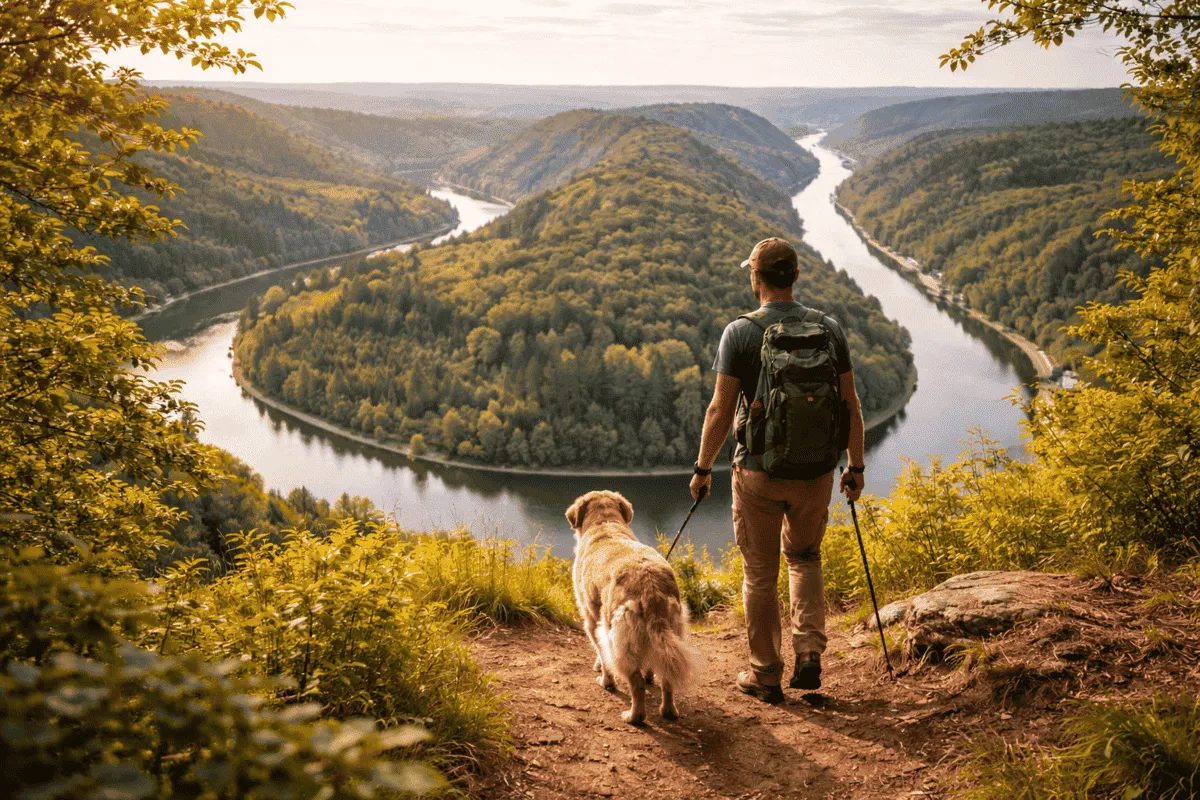 Wanderer mit Hund blickt vom Aussichtspunkt auf die Saarschleife bei Mettlach – beliebtes Ziel zum Wandern mit Hund im Saarland.