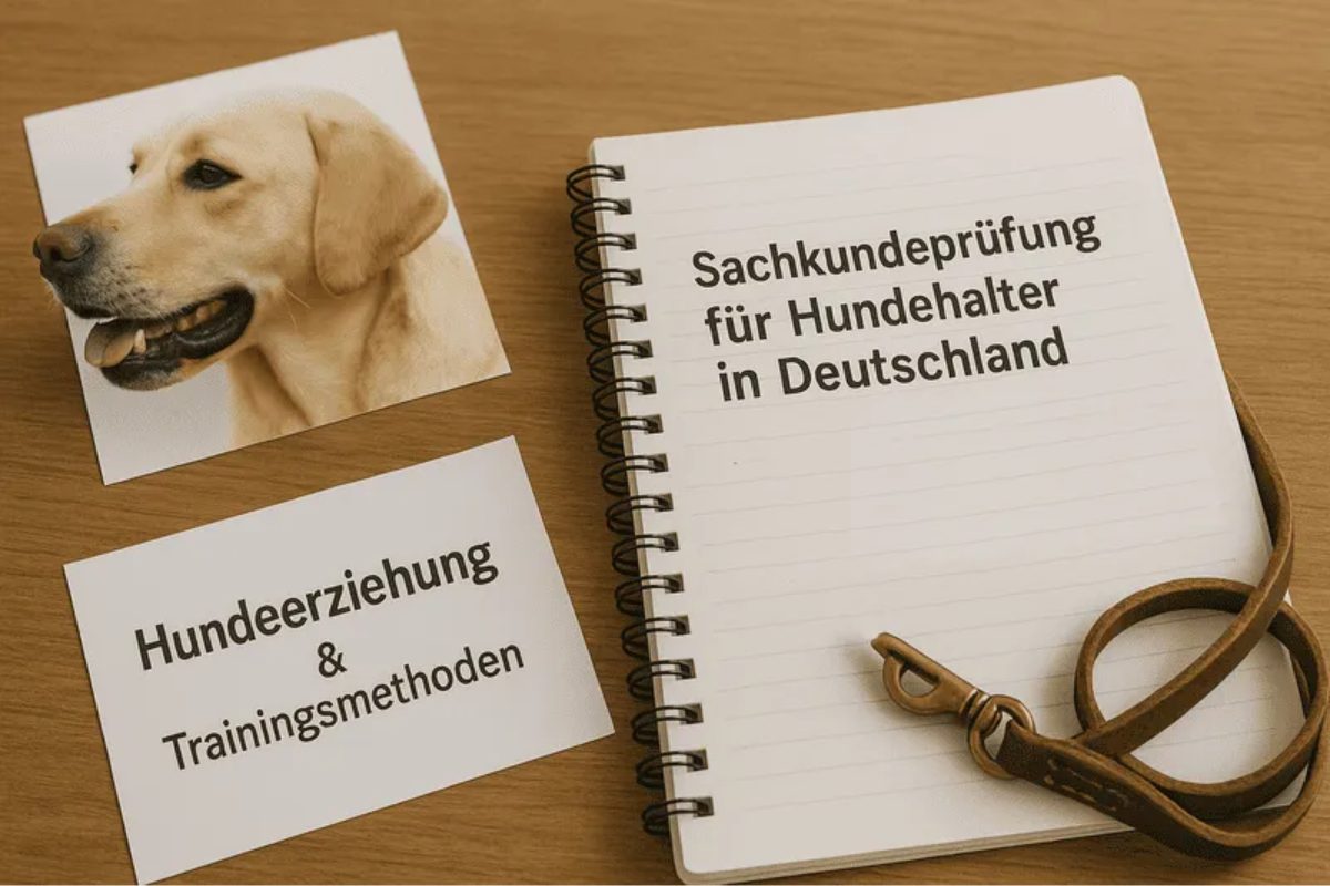 Sachkundeprüfung für Hundehalter in Deutschland – Unterlagen zu Hundeerziehung, Training und Hundeverhalten neben Foto eines Hundes