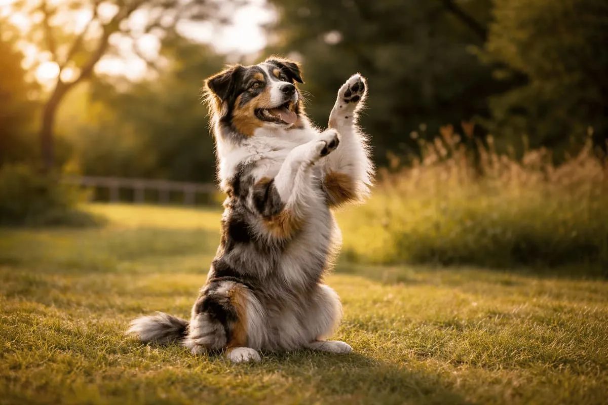 Ein Australian Shepherd sitzt im Gras in warmem Abendlicht und führt ein Kunststück aus, indem er aufrecht auf den Hinterbeinen sitzt und beide Vorderpfoten hebt.