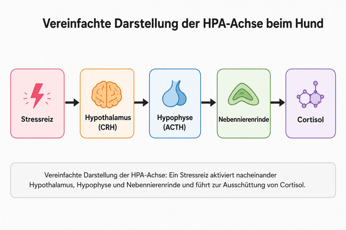 Vereinfachte Darstellung der Stressreaktion beim Hund: Ein Stressreiz aktiviert die HPA-Achse (Hypothalamus–Hypophyse–Nebennierenrinde) und führt zur Ausschüttung von Cortisol.