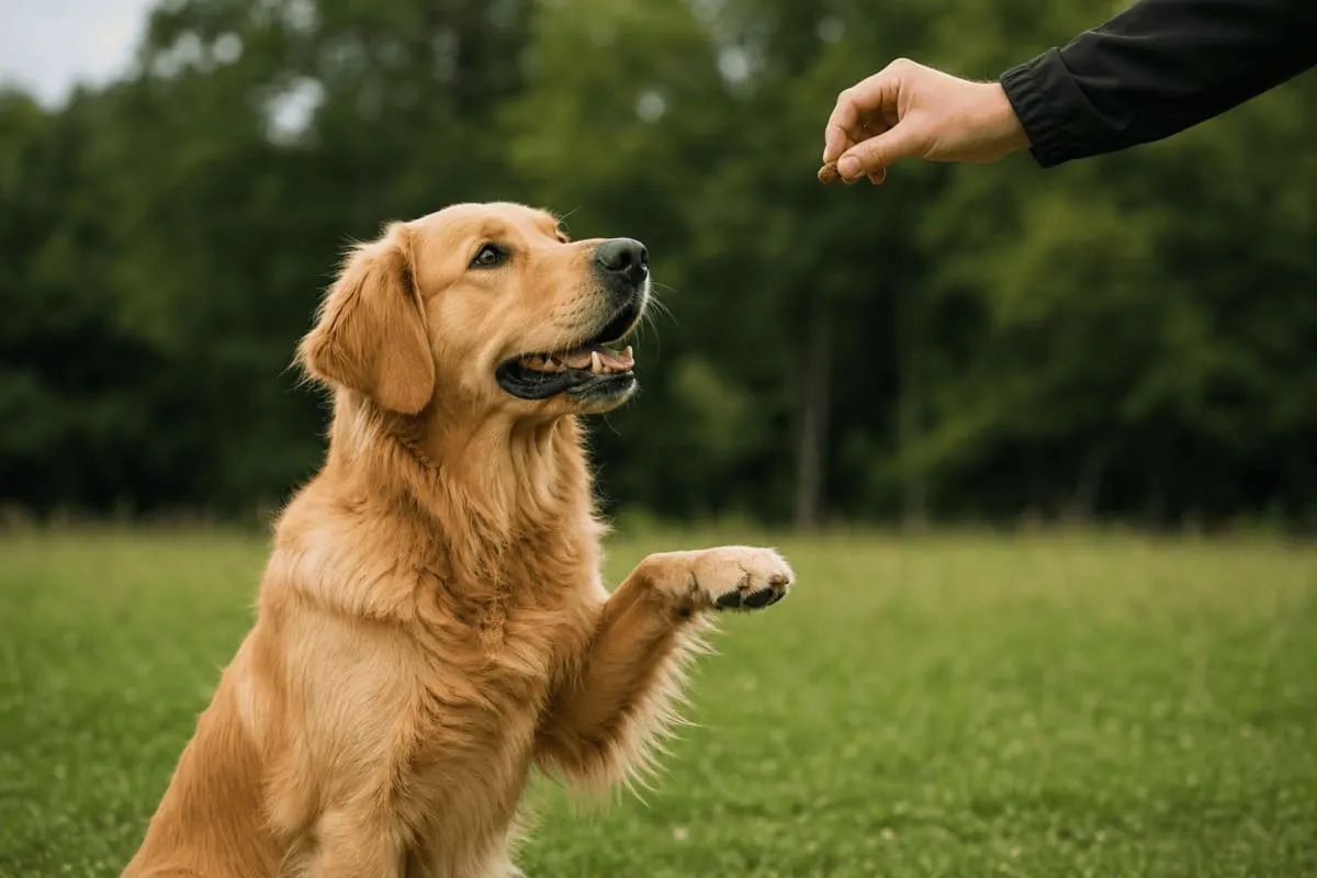 Hund bietet Verhalten (Pfote geben) und erwartet Belohnung – Beispiel für Lernen durch Vorhersage und Verstärkung