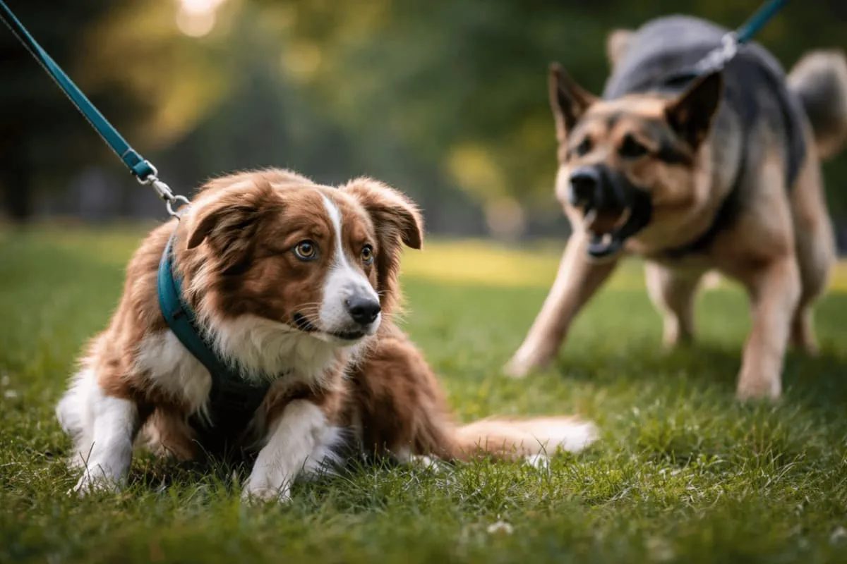 Unsicherer Hund duckt sich auf einer Wiese, während ein anderer Hund im Hintergrund bellend und nach vorne springt – typische Stress- und Reaktionssituation im Hundetraining