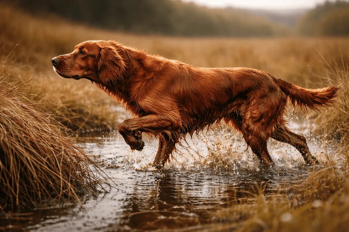 Jagdhund (Irish Setter) im Wasser in typischer Vorstehhaltung während der Jagdarbeit – Beispiel für jagdliches Verhalten bei Hunden.