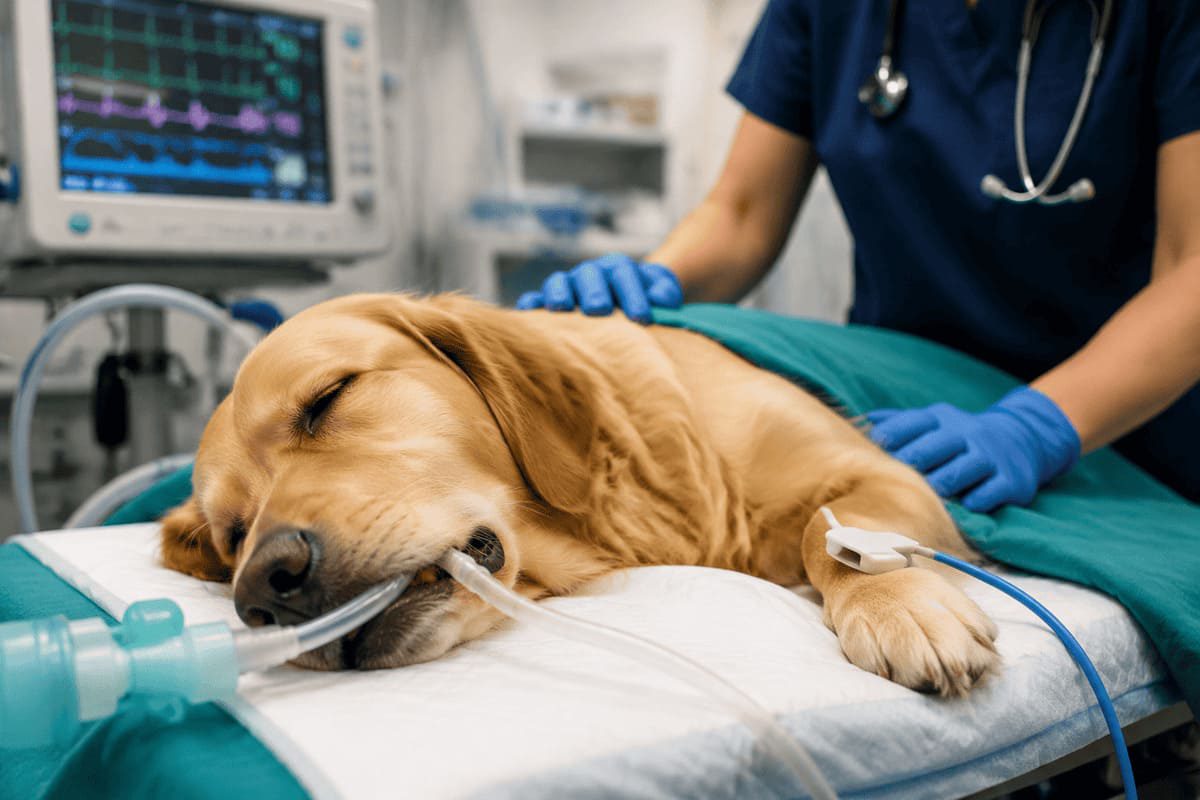 Hund liegt während einer Narkose auf einem Operationstisch in einer Tierklinik. Der Hund ist intubiert und wird während des Eingriffs mit medizinischen Geräten überwacht. Eine Tierärztin kontrolliert die Narkose, während Herzfrequenz, Atmung und weitere Vitalwerte über einen Monitor beobachtet werden. Das Bild zeigt die Überwachung und Sicherheit bei einer Narkose beim Hund.