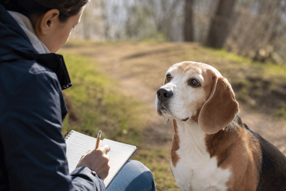 Beagle bei einer Verhaltensbeobachtung im Freien zur Erforschung von Stress, Gesundheit und Zellalterung beim Hund.