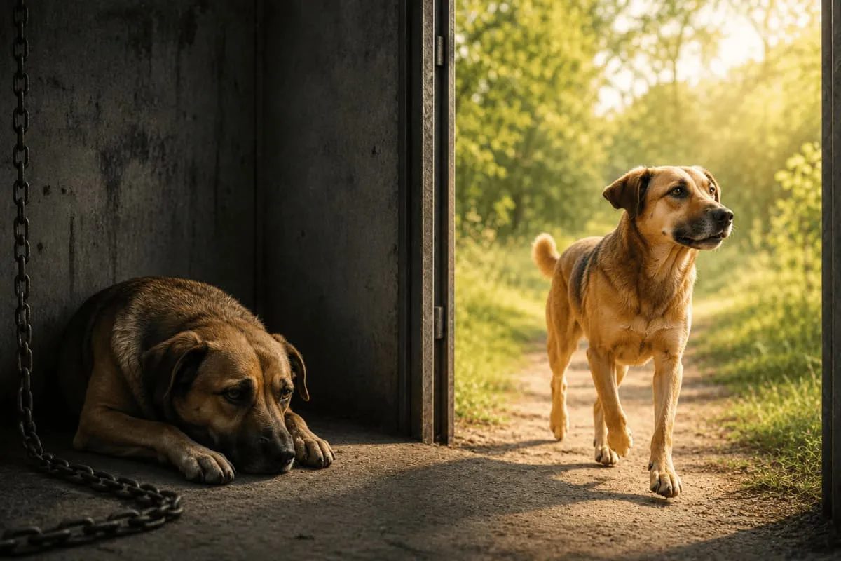 Ein Hund liegt zurückgezogen in einer dunklen, geschlossenen Umgebung, während ein anderer Hund selbstbewusst auf eine helle, offene Landschaft zugeht. Die Darstellung symbolisiert den Gegensatz zwischen erlernter Hilflosigkeit, Kontrollverlust und der Wiederherstellung von Handlungsfähigkeit, Wahlmöglichkeiten und Verhaltensflexibilität.