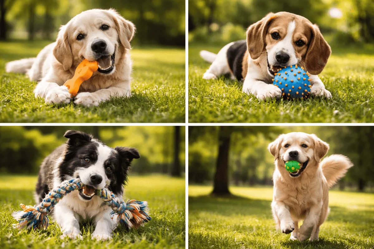 Vier Hunde spielen mit verschiedenen sicheren Hundespielzeugen im Park – Kauspielzeug, Ball und Zerrspielzeug für artgerechte Beschäftigung