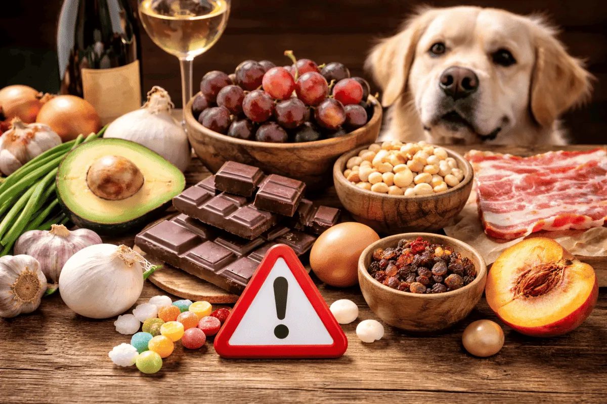 Verschiedene für Hunde giftige Lebensmittel wie Schokolade, Trauben, Zwiebeln, Avocado und Macadamia-Nüsse auf einem Tisch – Hund schaut neugierig daneben