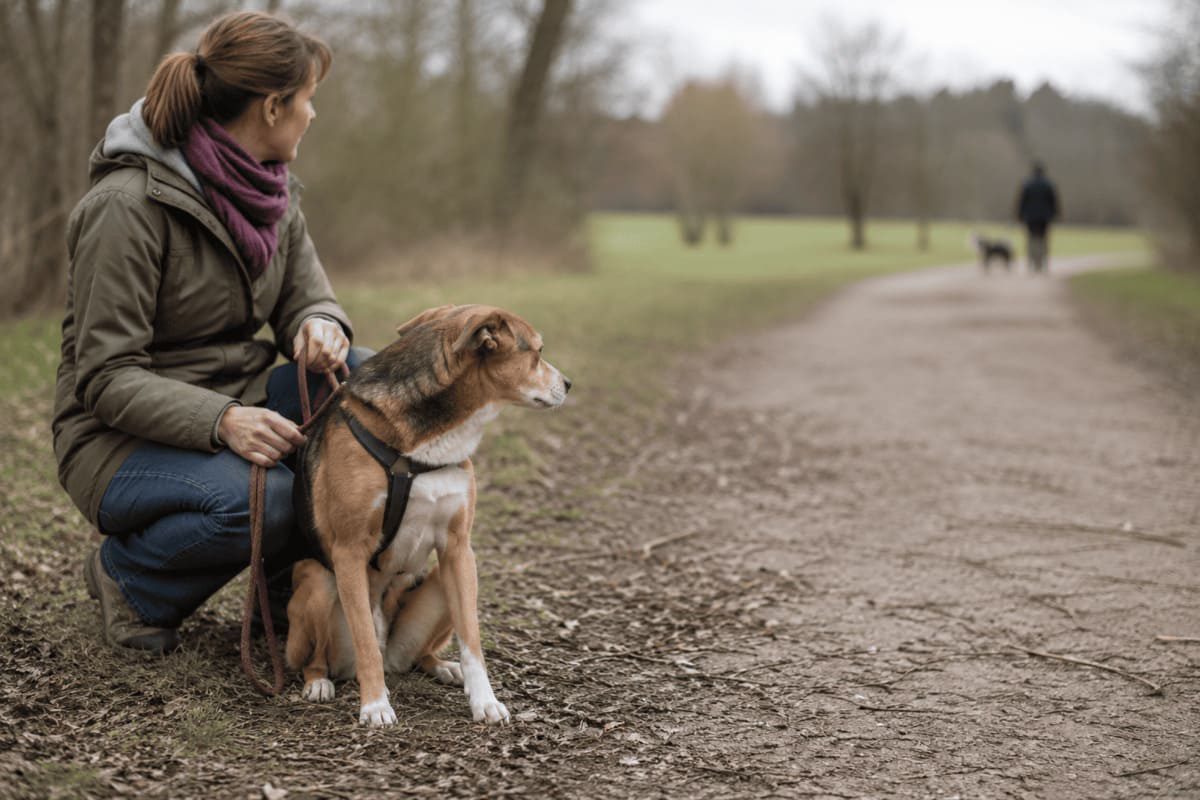 Ängstlicher Hund beobachtet einen entfernten Reiz während einer ruhigen Verhaltenstrainingssituation mit seiner Halterin.