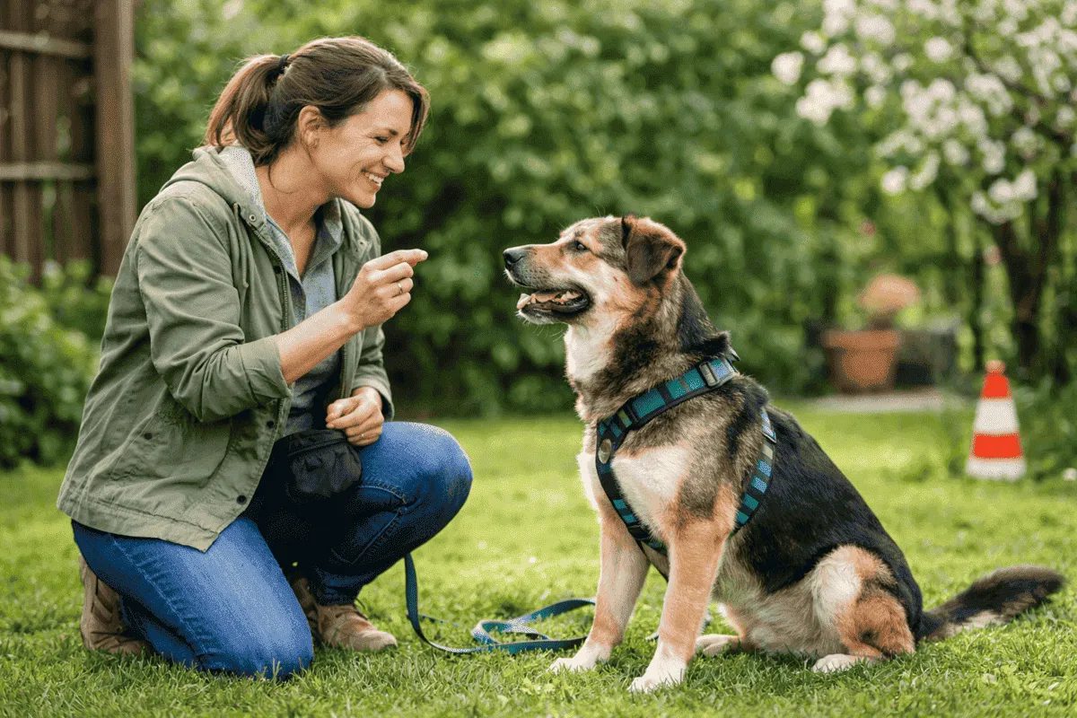 Hundehalterin trainiert einen Mischlingshund im Garten mit positiver Verstärkung und Leckerli – Hundetraining für Anfänger.