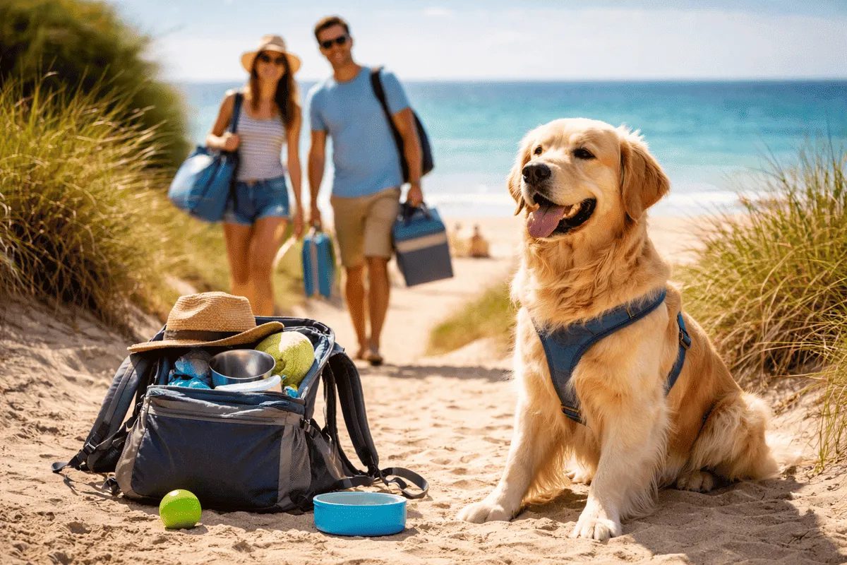 Hund sitzt entspannt neben seinem Halter in der Natur während eines Urlaubs – Beispiel für Reisen und Urlaub mit Hund. 🐕🌄