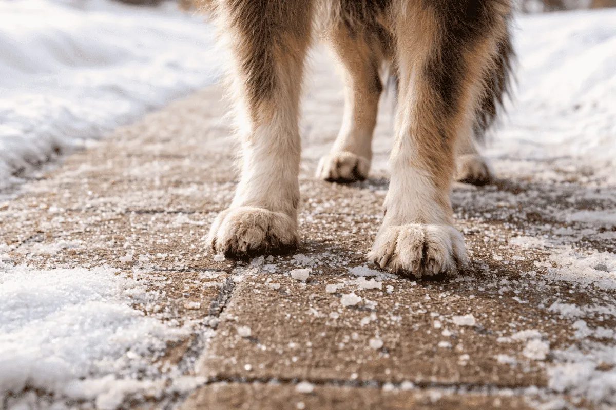 Mischlingshund steht mit seinen Pfoten auf einem verschneiten Gehweg mit Streusalz – Nahaufnahme von Hundepfoten im Winter.