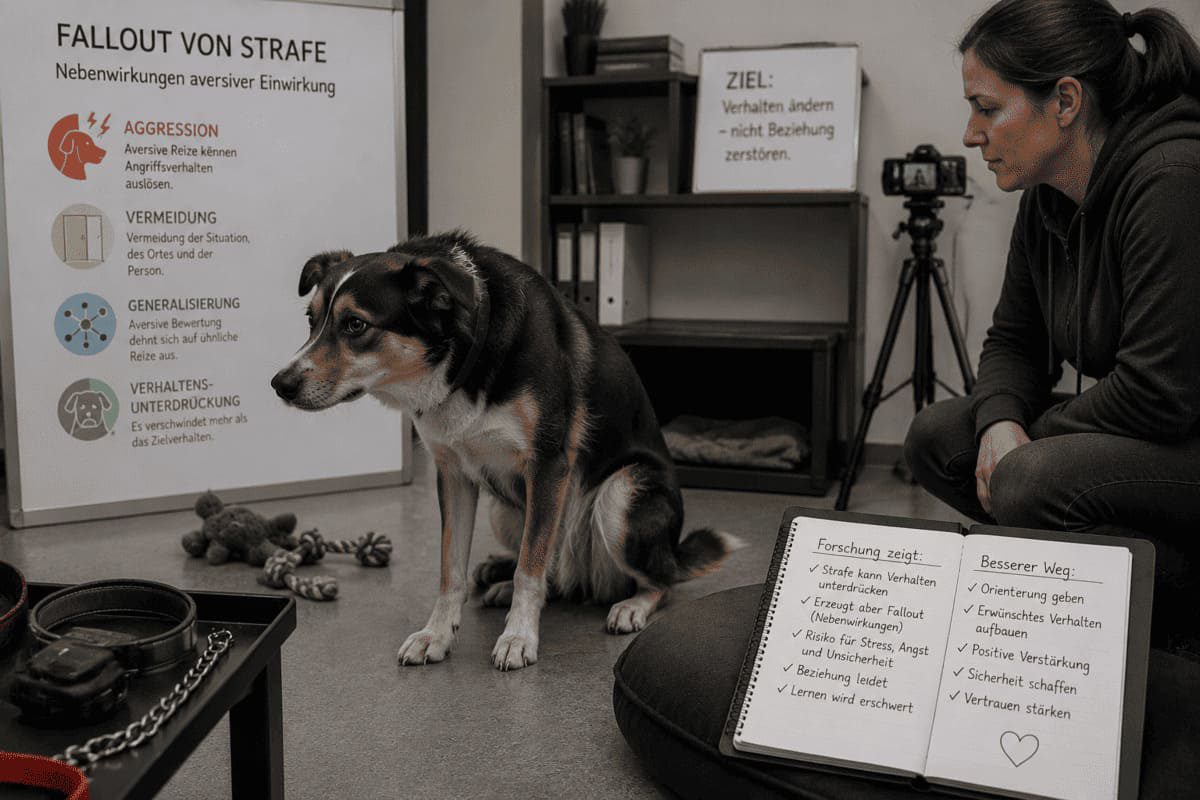 Hund bei einer Verhaltensanalyse zu den Auswirkungen aversiver Trainingsmethoden und den möglichen Folgen von Strafe.