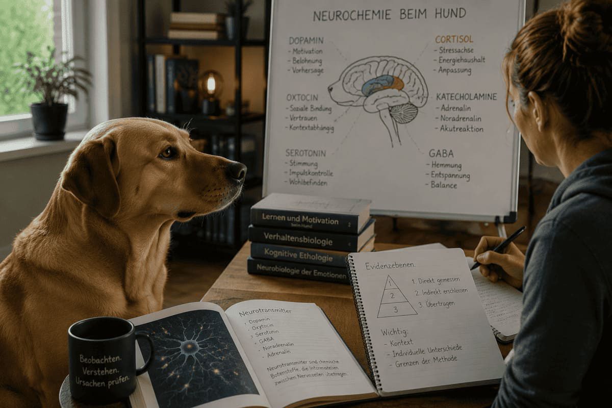 Hund bei einer wissenschaftlichen Verhaltensanalyse zur Einordnung von Neurochemie, Gehirnaktivität und Botenstoffen.