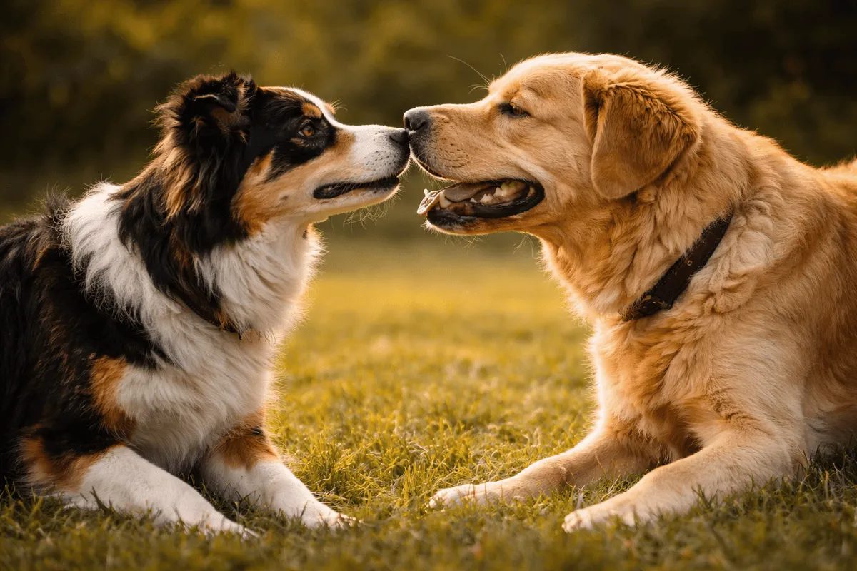 Zwei Hunde kommunizieren miteinander durch Körpersprache, Blickkontakt und Mimik auf einer Wiese.