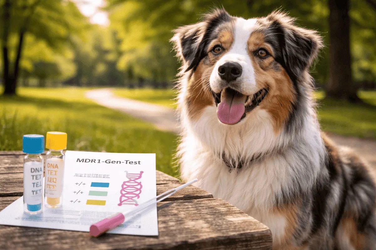 Australian Shepherd neben MDR1-Gentest im Park – Darstellung des MDR1-Gendefekts bei Hütehundrassen