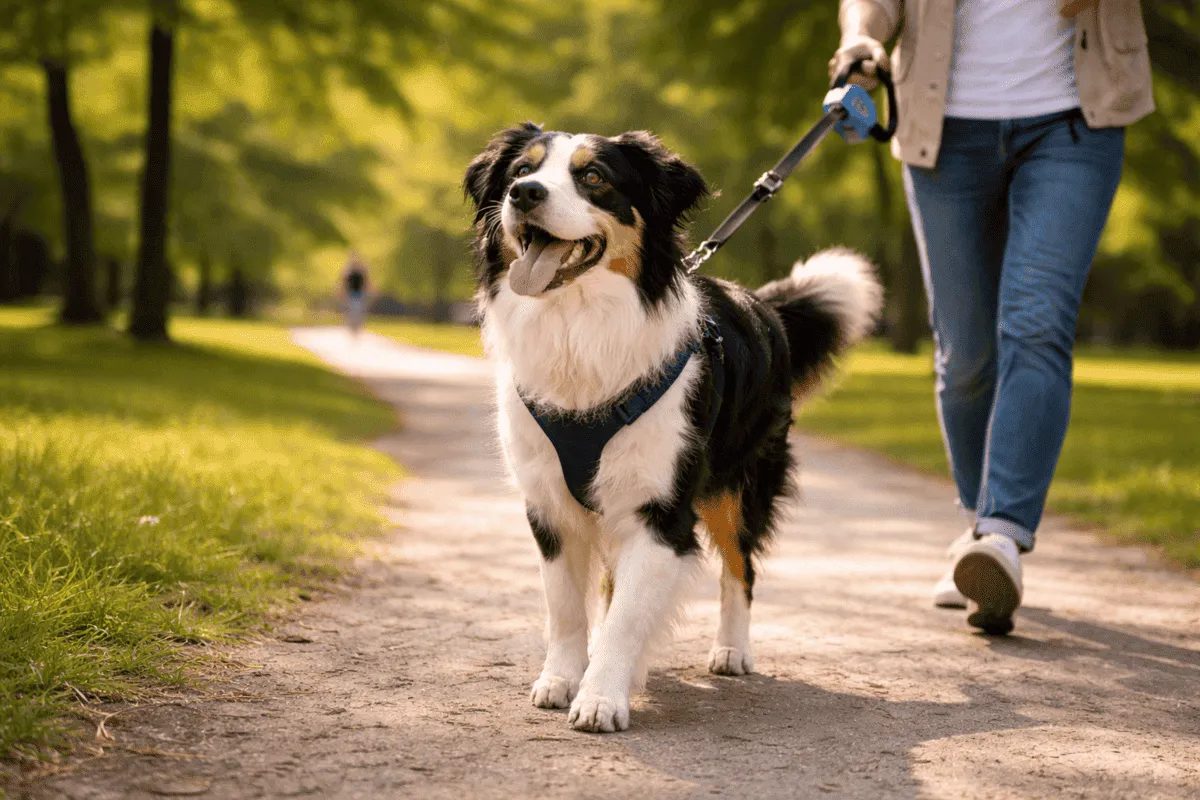 Hund an Flexileine beim Spaziergang im Park – Flexileine im Hundealltag