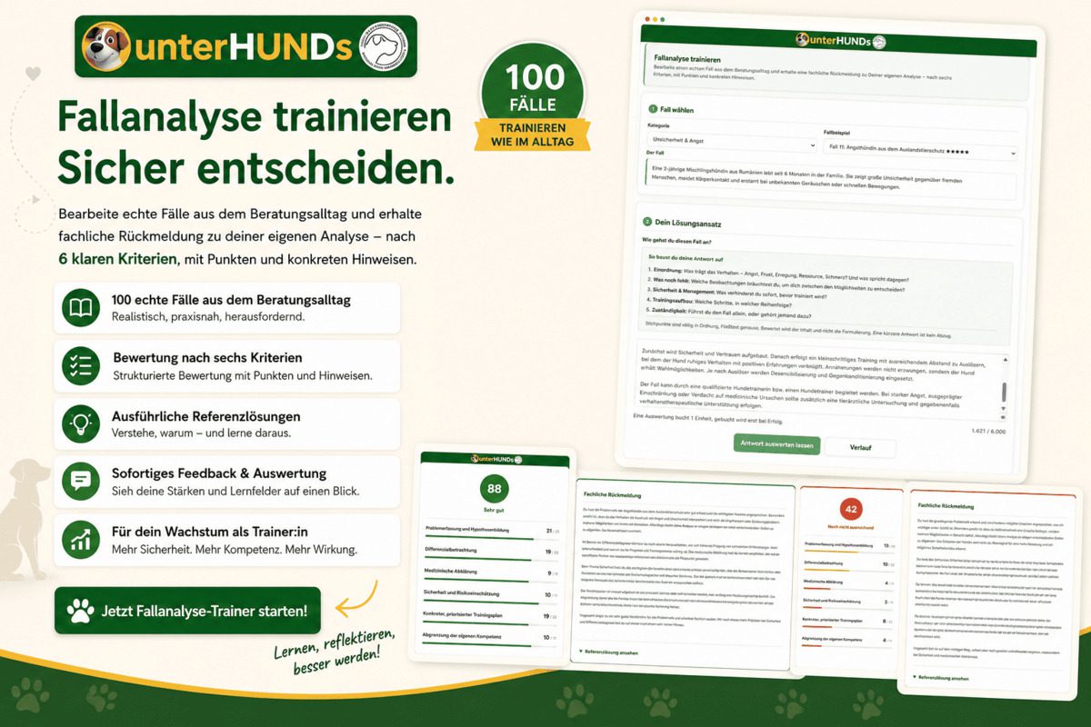 Werbegrafik für den unterHUNDs Fallanalyse-Trainer mit Computeransichten der Lernplattform, Fallbeispielen, Bewertung nach sechs Kriterien und fachlicher Rückmeldung für angehende und aktive Hundetrainer:innen.
