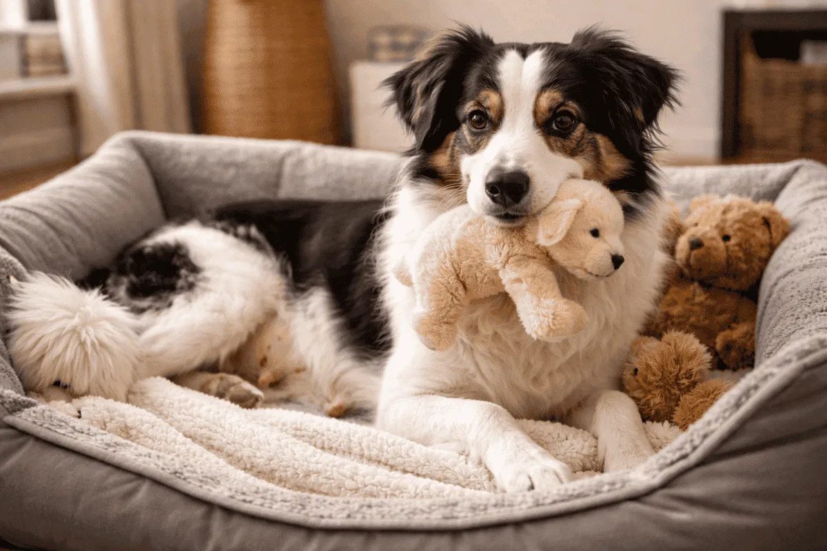 Scheinträchtige Hündin liegt in ihrem Hundebett und bemuttert ein Stofftier – typisches Verhalten bei Scheinschwangerschaft beim Hund