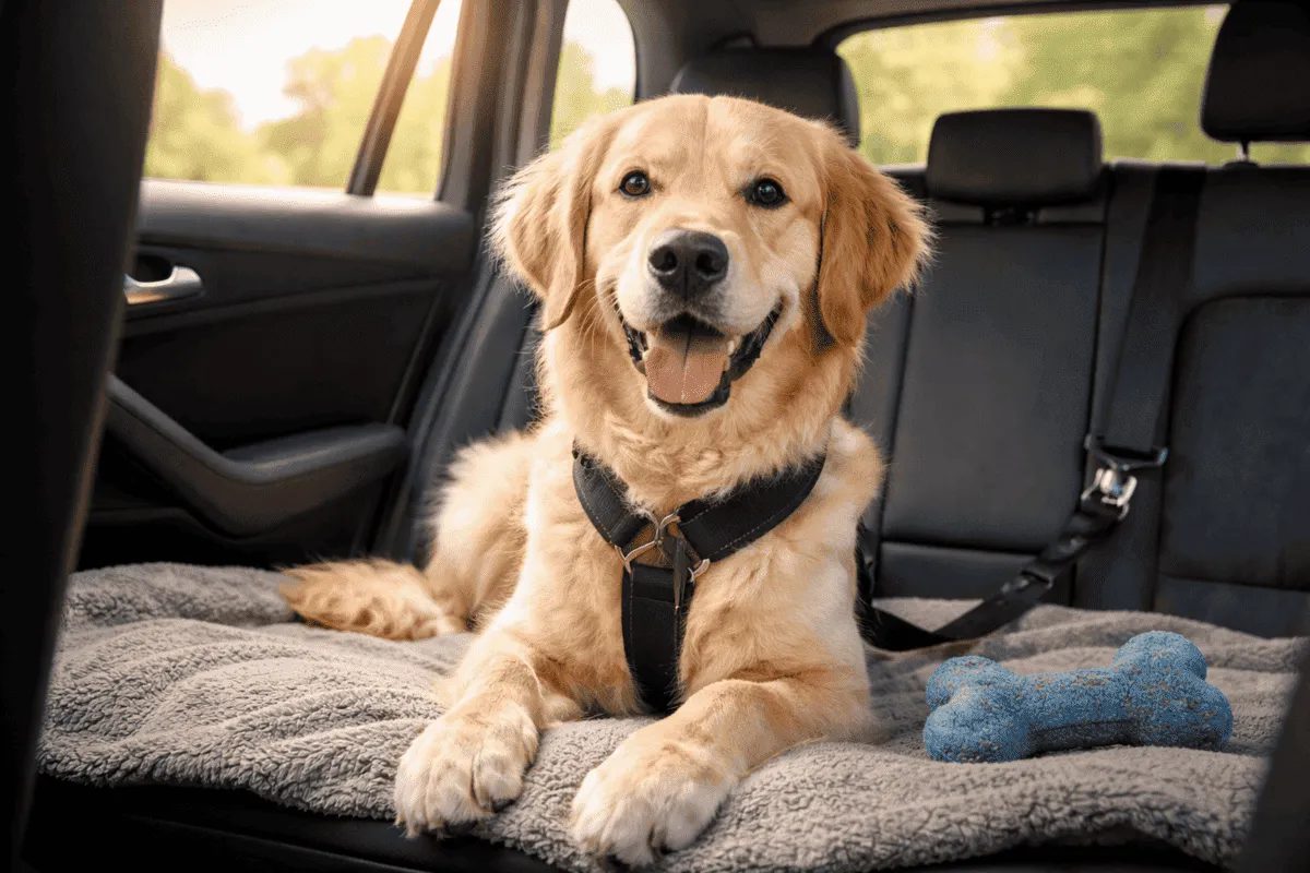 Hund sitzt entspannt und gesichert mit Sicherheitsgeschirr auf der Rückbank eines Autos – Beispiel für stressfreies Autofahren mit Hund